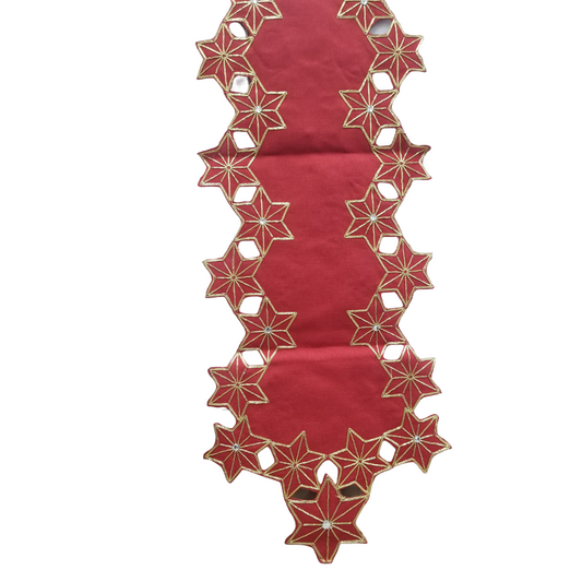Camino de mesa rojo estrellas bordadas oro